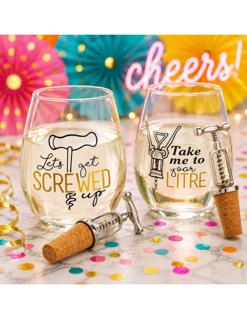 Get Screwed & Litre 2 Stemless Wine Glasses & Corkscrew Bottle Stoppers Mud Pie